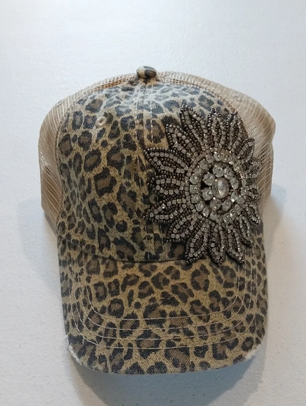 Leopard Print Large Rhinestone Floral Applique Ball Cap NWT!